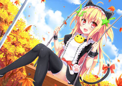  :3 animal_ears autumn autumn_leaves black_dress black_thighhighs blonde_hair blush bow cat_ears cat_tail cloud commentary_request copyright_request day dress dutch_angle fake_animal_ears female frills hair_between_eyes hair_ornament highres holding knees_together_feet_apart leaf long_hair maple_leaf multicolored_hair nanairo_fuusen oerba_yun_fang outdoors paw_print puffy_short_sleeves puffy_sleeves red_bow red_eyes short_sleeves sitting sky solo star_(symbol) star_hair_ornament swing tail tail_bow tail_ornament thighhighs tree two-tone_hair very_long_hair wrist_cuffs 