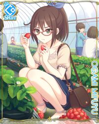  bag blue_hair blue_skirt bow brown_bag brown_hair card_(medium) character_name closed_mouth collarbone cygames female food framed frilled_sleeves frills fruit glasses green_eyes greenhouse hairbow handbag holding holding_food holding_fruit medium_hair mifuyu_(princess_connect!) mifuyu_(real)_(princess_connect!) official_art people ponytail princess_connect! red-framed_eyewear serious skirt solo_focus squatting strawberry white_footwear 