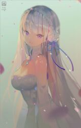  artist_name bad_id bad_pixiv_id blurry braid breasts crab_d crown_braid depth_of_field detached_sleeves dress emilia_(re:zero) female flower from_side green_background hair_flower hair_ornament hair_ribbon light_smile long_hair looking_at_viewer medium_breasts parted_lips purple_eyes purple_ribbon re:zero_kara_hajimeru_isekai_seikatsu ribbon simple_background solo upper_body watermark white_dress white_flower white_hair 