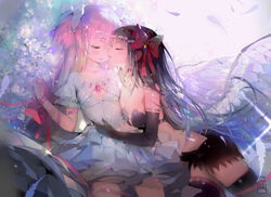  2girls akemi_homura akuma_homura black_dress black_hair closed_eyes commentary_request crab_d dress elbow_gloves feathers flower gloves hair_ribbon hairband half-closed_eyes kaname_madoka long_hair looking_at_another mahou_shoujo_madoka_magica mahou_shoujo_madoka_magica:_hangyaku_no_monogatari md5_mismatch multiple_girls pink_hair profile red_hairband revision ribbon two_side_up ultimate_madoka white_dress wings yellow_eyes yuri 