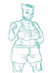  2018 abs anthro athletic athletic_anthro athletic_female athletic_wear aunt_molly_(nitw) biceps big_breasts blue_and_white boxers_(clothing) bra breasts buzz_cut cheek_tuft clothed clothing domestic_cat exercise_clothing eye_bags facial_tuft felid feline felis female fist fully_clothed greasymojo humanoid_hands letters logo mammal midriff monochrome navel night_in_the_woods police police_officer shirt slightly_chubby solo sports_bra stocky stout_(disambiguation) text thick_thighs topwear tuft underwear wide_hips 