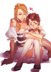  2girls blonde_hair blue_eyes blush breasts brown_hair choker cleavage commentary_request curly_hair detached_sleeves dress fishnets frills genderswap_(mtf) hannibal_(tv_series) hannibal_lecter maid medium_breasts multiple_girls panties pantyshot photoshop_(medium) red_eyes ribbon rule_63 sadamesada short_hair sitting thighhighs underwear white_legwear white_panties will_graham 