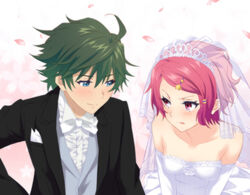  1boy annoyed bad_id bad_pixiv_id blue_eyes bride couple dress female green_hair groom hair_ornament hairpin ichijou_haruhiko inui_sanagi minase_koito musaigen_no_phantom_world photoshop_(medium) red_eyes red_hair short_hair straight wedding_dress 