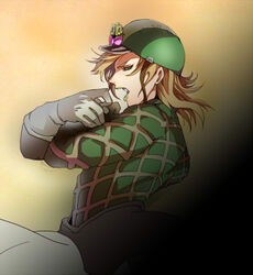  1boy argyle_clothes argyle_sweater bad_id bad_pixiv_id blonde_hair commentary_request diego_brando dinosaur_tail gloves green_eyes green_shirt hat jojo_no_kimyou_na_bouken male_focus scary_monsters_(stand) shirt solo stand_(jojo) steel_ball_run sweater tail tazawa_(odamura) turtleneck 