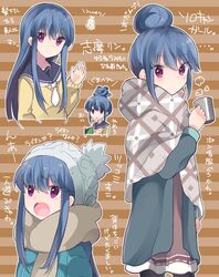  alternate_hairstyle blue_hair commentary_request cup female hair_bun hair_down hidejiu long_hair long_sleeves motosu_school_uniform multiple_views open_mouth pantyhose partially_translated pinecone purple_eyes scarf school_uniform shima_rin single_hair_bun striped striped_background translation_request yurucamp 