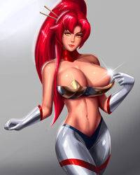  bikini_top bodysuit breasts female gloves hair_ornament large_breasts long_hair long_ponytail navel pants ponytail shiny smile solo suit svoidist tengen_toppa_gurren_lagann yoko_littner 