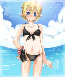  1boy afin bikini black_bikini blonde_hair blue_eyes blush cloud commentary_request crossdressing day highres male_focus otoko_no_ko phantasy_star phantasy_star_online_2 pointy_ears sky solo standing sumitaso sweatdrop swimsuit tears 