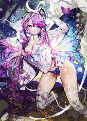  blue_eyes blush breasts butterfly_wings cleavage commentary_request crab_d female insect_wings large_breasts long_hair looking_at_viewer md5_mismatch navel parted_lips photoshop_(medium) purple_hair qurare_magic_library revision shiny_skin skindentation smile solo thighhighs wings 