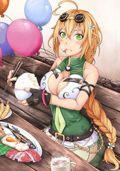  :t ayase_tamaki balloon balloon_vine_(flower_knight_girl) bare_shoulders belt black_gloves blonde_hair blush bowl bracelet braid breasts chopsticks cleavage cleavage_cutout clothing_cutout commentary_request covered_navel cup eating egg female fingerless_gloves fish flower flower_knight_girl food food_in_mouth gloves goggles goggles_on_head green_eyes hair_flower hair_ornament hairpin heart heart-shaped_pupils highres impossible_clothes jewelry large_breasts long_hair looking_at_viewer meat mug plate rice shirt sitting sleeveless sleeveless_shirt sliced_meat solo symbol-shaped_pupils tempura 