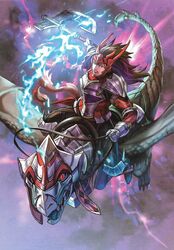  alternate_costume armor armored_boots axe banned_artist boots brown_hair dragon electricity fire_emblem fire_emblem_cipher fire_emblem_if gauntlets gloves long_hair male_focus midori_fuu official_art open_mouth pauldrons raijintou_(sword) ryouma_(fire_emblem_if) solo weapon wyvern 