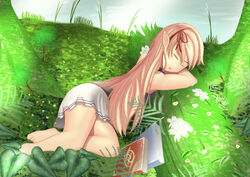  arisa_(shadowverse) arm_pillow bad_id bad_pixiv_id barefoot blonde_hair book closed_eyes commentary_request elf feet female flower long_hair lying moss nature on_side photoshop_(medium) plant pointy_ears remy_(s_remy) shadowverse skirt sleeping solo thighs tree water 