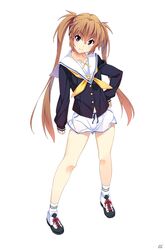  brown_hair female full_body hand_on_own_hip island_(game) kurutsu_karen kuuchuu_yousai long_hair long_sleeves looking_at_viewer official_art purple_eyes shoes short_shorts shorts simple_background smile sneakers solo twintails white_background 