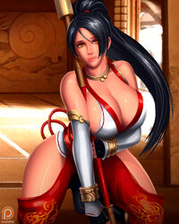  black_hair breasts cleavage dead_or_alive female female highres large_breasts long_hair momiji_(ninja_gaiden) ninja_gaiden ninja_gaiden:_dragon_sword ponytail scarf smile solo svoidist weapon 