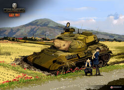  3girls black_hair brown_hair caterpillar_tracks commentary english_commentary gun highres machine_gun military military_vehicle motor_vehicle mountain multiple_girls nogami_takeshi official_art outdoors rice_paddy school_uniform tank type_61_(tank) wargaming_japan weapon world_of_tanks 