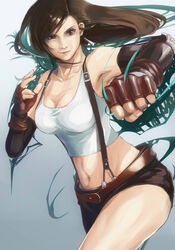  black_skirt breasts brown_hair clenched_hand commentary_request cowboy_shot crop_top elbow_gloves elbow_pads female final_fantasy final_fantasy_vii fingerless_gloves gloves hukutuuprunes large_breasts long_hair midriff miniskirt pencil_skirt punching shirt skirt smirk solo suspender_skirt suspenders tank_top taut_clothes taut_shirt tifa_lockhart 