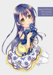  bare_shoulders birthday blue_hair blush character_name commentary dated earrings female floral_print flower full_body hair_between_eyes happy_birthday highres holding jewelry kashiwagi_sumika long_hair looking_at_viewer love_live! love_live!_school_idol_project photoshop_(medium) simple_background sitting smile solo sonoda_umi thighhighs white_thighhighs yellow_eyes 