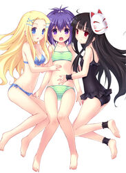  3girls :o ahoge amatsuka_seira ankle_cuffs barefoot bikini black_hair black_one-piece_swimsuit blonde_hair blue_eyes blush breasts casual_one-piece_swimsuit cleavage commentary_request feet fox_mask frilled_one-piece_swimsuit frills geraldine_bernstein girl_sandwich gj-bu hair_ornament hairpin hand_on_another&#039;s_stomach hatomugi_(hato6g) long_hair mask multiple_girls navel one-piece_swimsuit open_mouth photoshop_(medium) polka_dot polka_dot_bikini polka_dot_swimsuit ponytail purple_eyes purple_hair red_eyes sandwiched shinomiya_kasumi short_hair simple_background small_breasts smile soles striped_bikini striped_clothes swimsuit white_background 