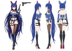  absurdres ammunition animal_ears arm_at_side arms_at_sides ass ass_visible_through_thighs bad_id bad_pixiv_id barcode barcode_tattoo belt belt_buckle black_choker black_footwear black_ribbon blue_hair blush boots breasts brown_legwear buckle choker claw_(weapon) cleavage closed_mouth collarbone detached_sleeves fake_animal_ears fangs female fingernails greem_bang groin gun halterneck high_heel_boots high_heels highres holding holding_gun holding_weapon knee_boots long_fingernails long_hair long_legs long_sleeves looking_at_viewer mechanical_ears medium_breasts multiple_views nail_polish navel o-ring original photoshop_(medium) pink_eyes pouch pubic_tattoo red_nails revealing_clothes ribbon short_hair shoulder_blades shoulder_pads sidelocks simple_background single_thighhigh smile standing suppressor tattoo thigh_gap thigh_strap thighhighs thong trigger_discipline veins veiny_breasts very_long_hair walther_p22 weapon white_background 