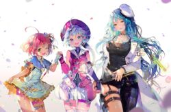  3girls :d ahoge armband asymmetrical_clothes belt beret blue_dress blue_eyes blue_hair blue_neckwear blue_ribbon blush book braid breasts bullet buttons capelet cherry choker cleavage clock commentary_request cowboy_shot crab_d crystal delphine_(qurare) dress elbow_gloves feline fingerless_gloves fingernails floral_background flower food frilled_skirt frills fruit gears gem gloves gold green_eyes gun hair_ornament hair_scrunchie handgun hat head_tilt holding holding_book holster jacket jewelry key large_breasts leaf legs_apart light_bulb long_hair looking_at_viewer macaron magazine_(weapon) medium_breasts multicolored_hair multiple_girls neck_ribbon necklace official_art open_book open_mouth parted_lips pearl_necklace petals pink_hair plant plate pleated_skirt pocket_watch qurare_magic_library rain ribbed_gloves ribbon sailor_collar scrunchie short_dress short_hair short_sleeves side_braid sidelocks simple_background single_braid single_elbow_glove single_fingerless_glove skirt skirt_hold small_breasts smile sparkle spoon stuffed_animal stuffed_rabbit stuffed_toy sunflower symbol-shaped_pupils tank_top teapot thigh_holster thigh_strap tiered_tray two_side_up umbrella very_long_hair watch weapon weapon_request white_background white_flower white_skirt yellow_eyes zipper 