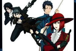  00s angelina_durless ciel_phantomhive frills hat kuroshitsuji madam_red official_art sebastian_michaelis short_hair 