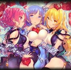  3girls ass blonde_hair blue_eyes blue_hair blunt_bangs blush box breast_press breasts detached_sleeves gift gift_box girl_sandwich hair_ornament hairclip heart heart-shaped_box jpeg_artifacts kanjy00u leotard lying medium_breasts mena_(shingeki_no_bahamut) mina_(shingeki_no_bahamut) mona_(shingeki_no_bahamut) multiple_girls pink_eyes pink_hair pointy_ears sandwiched shingeki_no_bahamut short_hair short_twintails thighhighs twintails valentine yellow_eyes 