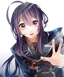  1boy absurdres against_fourth_wall against_glass ahoge androgynous armor black_hair buttons commentary_request double-breasted fourth_wall highres hona_(platinum_egg) japanese_armor long_hair male_focus military military_uniform namazuo_toushirou necktie open_mouth purple_eyes shoulder_armor sode solo touken_ranbu uniform 