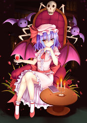  &gt;:) book breasts brown_eyes candle candlestand chair closed_mouth collared_dress commentary_request creature cup demon_wings dress drinking_glass fang_out female fire flower frilled_legwear frilled_sleeves frills full_body hair_between_eyes hat highres mob_cap nail_polish nanairo_fuusen oerba_yun_fang pink_dress puffy_short_sleeves puffy_sleeves purple_hair red_flower red_footwear red_nails red_rose remilia_scarlet rose shoes short_sleeves sitting skull small_breasts smile socks table touhou v-shaped_eyebrows white_legwear wine_glass wings 