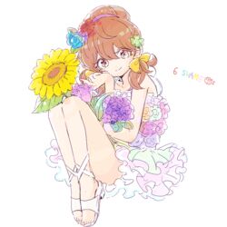  bad_id bad_twitter_id bouquet brown_hair carnation clover clover_hair_ornament dress female flower four-leaf_clover four-leaf_clover_hair_ornament hair_ornament hair_ribbon low_twintails matsutohop osomatsu-kun osomatsu-san osomatsu_(series) ribbon short_twintails sitting six_shame_faces smile solo sunflower twintails yowai_totoko 