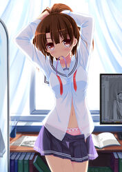  adjusting_hair arms_up black_skirt blush book breasts brown_eyes brown_hair collarbone commentary_request cowboy_shot curtains day dressing female frilled_panties frills head_tilt highres indoors katou_megumi long_hair long_sleeves looking_at_viewer medium_breasts mirror monitor mouth_hold nanairo_fuusen navel open_book panties partially_unbuttoned pencil pink_panties pleated_skirt purple_ribbon reflection ribbon saenai_heroine_no_sodatekata school_uniform serafuku shirt silhouette skirt solo striped_clothes striped_skirt tying_hair underwear white_shirt window 