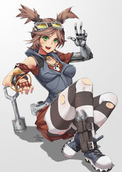  :d arm_rest bad_id bad_pixiv_id bandage_on_face bandages borderlands_(series) borderlands_2 breasts brown_hair female fingerless_gloves gaige gloves goggles goggles_on_head green_eyes highres holster laces medium_breasts open_mouth pantyhose piston prosthesis prosthetic_arm red_hair shadow shoes skirt sleeveless smile solo stormcow striped_clothes striped_pantyhose teeth torn_clothes torn_pantyhose v v-shaped_eyebrows w wrench 