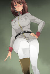  &gt;:) belt blush breast_pocket breasts brown_eyes brown_hair closed_mouth commentary_request female from_below grey_shirt gundam gundam_lost_war_chronicles hand_on_own_hip headset highres large_breasts leg_up long_sleeves looking_at_viewer looking_away military military_uniform mobile_suit_gundam name_john noel_anderson nose_blush pantyhose pocket shirt simple_background smile solo standing uniform v-shaped_eyebrows white_pantyhose 