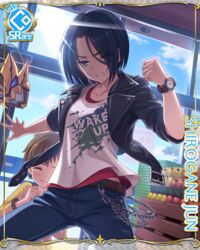  apple belt black_hair black_jacket card_(medium) chains character_name clenched_hand clenched_teeth collarbone cygames day denim english_text eyes_visible_through_hair female food framed fruit hair_over_one_eye indoors jacket jeans jun_(princess_connect!) jun_(real)_(princess_connect!) leather leather_jacket lolicon mask official_art one_eye_closed open_clothes open_jacket pants princess_connect! short_hair teeth throwing unworn_mask watch 