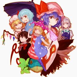  6+girls ;d ahoge american_flag_dress american_flag_legwear black_hair blonde_hair blue_capelet blue_dress blue_eyes blue_hair blue_legwear bow bowtie braid capelet cili_(cookie) clownpiece commentary_request cookie_(touhou) crying crying_with_eyes_open crystal dress flandre_scarlet forked_tongue frilled_shirt_collar frills full_body green_bow green_bowtie green_ribbons grey_background grey_hair grin hair_between_eyes hairbow hand_up hat hat_ribbon heterochromia hisaka_(cookie) holding holding_torch houjuu_nue hug izayoi_sakuya jester_cap leaf leg_up looking_at_another looking_at_viewer maid maid_headdress meimei_(cookie) mioto_(cookie) mob_cap multiple_girls nabila_(cookie) neck_ruff no_shoes nuppehofu_(nibuta) oerba_yun_fang one_eye_closed open_mouth orange_outline outline pantyhose pink_eyes pink_hat polka_dot polka_dot_headwear puffy_short_sleeves puffy_sleeves purple_hat purple_umbrella red_bow red_bowtie red_dress red_eyes red_legwear red_ribbon red_wings remilia_scarlet ribbon riri_(cookie) shirt short_dress short_sleeves siblings simple_background sisters smile snake star_(symbol) star_print striped_clothes striped_dress striped_thighhighs tatara_kogasa tears thighhighs tongue tongue_out torch touhou twin_braids umbrella v wavy_mouth white_dress white_hat white_legwear white_shirt wings 