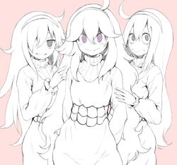  3girls :&gt; @_@ ahoge alternate_breast_size asui_tsuyu bad_id bad_twitter_id bags_under_eyes blush boku_no_hero_academia commentary cosplay crossover girl_sandwich greyscale_with_colored_background hair_over_one_eye hairband hex_maniac_(pokemon) hex_maniac_(pokemon)_(cosplay) highres inactive_account kedamono_kangoku-tou kuroki_tomoko long_hair messy_hair monochrome multiple_crossover multiple_girls necktie pink_background pokemon pokemon_xy ribbed_sweater sandwiched simple_background spot_color sweater watashi_ga_motenai_no_wa_dou_kangaetemo_omaera_ga_warui! 