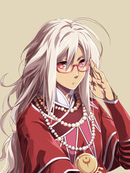  1boy ahoge bead_necklace beads commentary_request frown glasses highres jewelry kanikame long_hair male_focus necklace pendant red_eyes rouge_(saga_frontier) saga saga_frontier solo upper_body white_hair 