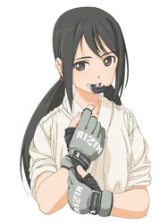  bad_id bad_pixiv_id black_hair boko_(maniacpurple) brown_eyes cygames dougi female fingerless_gloves gloves highres idolmaster idolmaster_cinderella_girls karate_gi long_hair looking_at_viewer mouth_guard mouth_hold nakano_yuka open_mouth simple_background sleeves_rolled_up solo twintails 