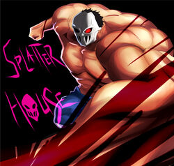  black_background black_hair copyright_name highres male male_focus mask muscle punch punching rick_taylor shirtless short_hair simple_background solo splatterhouse tamanegiya terror_mask text 