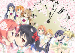  6+girls analog_clock ayase_eli black_hair blue_eyes bow cherry_blossoms clock commentary_request green_eyes hairbow hand_on_another&#039;s_face holding_hands hoshizora_rin hyuuga_aoi_(artist) imminent_kiss interlocked_fingers koizumi_hanayo locked_arms long_hair looking_at_viewer love_live! love_live!_school_idol_project minami_kotori multiple_girls nishikino_maki one_side_up orange_hair otonokizaka_school_uniform photoshop_(medium) pink_scrunchie ponytail purple_eyes red_eyes red_hair roman_numeral school_uniform scrunchie shiroi_hakuto short_hair sonoda_umi tojo_nozomi twintails white_scrunchie yazawa_nico yuri 