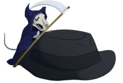  1boy animal animal_skeleton blue_eyes commentary death death_(entity) death_of_rats discworld grim_reaper hat hood mouse_(animal) mouse_tail no_humans robe scythe skeleton skull tail terry_pratchett transparent_background weapon 