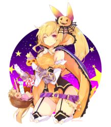  ;) arm_scrunchie bare_shoulders basket belt blonde_hair bow breasts candy cape commentary contrapposto corset cowboy_shot diagonal_stripes dragalia_lost elbow_gloves elisanne female food fruitfroze garter_straps gloves hair_ornament halloween halloween_costume high_collar highres jack-o&#039;-lantern jack-o&#039;-lantern_hair_ornament large_breasts leotard long_hair looking_at_viewer loose_belt night one_eye_closed orange_leotard orange_scrunchie ponytail pumpkin purple_belt purple_eyes scrunchie smile solo spider_web_hair_ornament star_(symbol) striped striped_bow symbol-only_commentary thighhighs very_long_hair white_gloves 