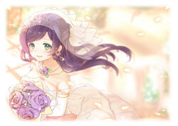  blush dress female female flower gloves green_eyes happy headdress jewelry long_hair love_live!_school_idol_project purple_hair royal royalty sakura_mochi sakuramochi sakuramochi_n solo toujou_nozomi wedding wedding_dress 