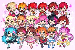  6+boys 6+girls :d ;) ;d ;p absurdres ahoge aidou_seiya aikatsu! aikatsu!_(series) aikatsu_stars! akb0048 akehoshi_subaru amami_haruka amamiya_kanade aqua_hair arm_up b-project bandana black_hair blonde_hair blue_eyes blush_stickers boots bow braid brown_hair chibi clenched_hands commentary crossover crown_braid dorifesu! ensemble_stars! epaulettes facial_hair gloves glowstick hair_ribbon hat hatsune_miku highres hoshimiya_ichigo i-chu idol idolish7 idolmaster idolmaster_(classic) idolmaster_cinderella_girls idolmaster_side-m in-franchise_crossover ittoki_otoya jacket kasukabe_haru kimi_no_kokoro_wa_kagayaiteru_kai? korekuni_ryuuji kosaka_honoka long_hair love_live! love_live!_school_idol_project love_live!_sunshine!! manaka_laala mini_hat mini_top_hat motomiya_nagisa multicolored_hair multiple_boys multiple_crossover multiple_girls nanase_riku necktie nijino_yume one_eye_closed one_side_up open_clothes open_jacket open_mouth orange_hair ozora_akari patterned_background penlight_(glowstick) pink_background pink_eyes pretty_series pripara red_gloves ribbon shimamura_uzuki skirt smile starting_brighty_(idolmaster) streaked_hair takami_chika takoballs tendo_teru tokyo_7th_sisters tongue tongue_out top_hat trait_connection twintails uta_no_prince-sama very_long_hair vocaloid 