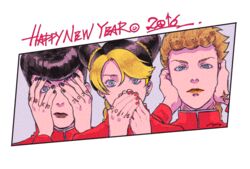  2016 2boys black_hair black_nails blonde_hair braid brown_lips commentary_request covering_own_ears covering_own_eyes covering_own_mouth diamond_wa_kudakenai double_bun earrings female giorno_giovanna hair_bun happy_new_year heart higashikata_josuke highres jewelry jojo_no_kimyou_na_bouken kujo_jolyne lipstick makeup mandaman multicolored_hair multiple_boys nail_polish new_year orange_lips peace_symbol peeking_through_fingers pompadour purple_eyes red_nails signature single_braid star_(symbol) stone_ocean tattoo three_monkeys two-tone_hair vento_aureo 