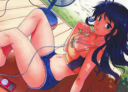  absurdres aflame_inferno ahoge apple_inc. bare_legs barefoot blue_eyes blue_hair blue_shorts breasts cleavage collarbone crop_top cutoffs denim denim_shorts digital_media_player dutch_angle earbuds earphones electric_fan female highres ipod kim_kwang_hyun large_breasts light_smile long_hair midriff navel open_fly scan shin_chaehee short_shorts shorts sitting solo sports_bra strap_lift sweat third-party_source unzipped 