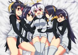  5girls animal_ears bed_sheet black_hair blush breasts brown_eyes commentary_request covered_navel dorumam emperor_penguin_(kemono_friends) from_above gentoo_penguin_(kemono_friends) girl_sandwich hair_between_eyes hair_over_one_eye headphones highleg highleg_leotard highres hood hoodie hug humboldt_penguin_(kemono_friends) jacket kemono_friends large_breasts leotard long_hair looking_at_viewer lying medium_breasts multicolored_hair multiple_girls on_back on_side open_clothes open_mouth penguins_performance_project_(kemono_friends) pleated_skirt red_eyes rockhopper_penguin_(kemono_friends) royal_penguin_(kemono_friends) sandwiched short_hair skirt smile thighhighs twintails twitter_username white_hair white_legwear white_leotard white_skirt 