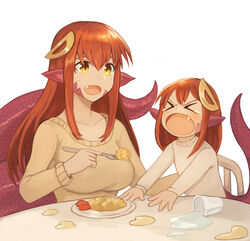  &gt;_&lt; 2girls breasts collarbone commentary commission cup english_commentary food fork hair_between_eyes hair_ornament hairclip highres lamia long_hair medium_breasts miia_(monster_musume) mika_(miiafag) monster_girl monster_musume_no_iru_nichijou mother_and_daughter multiple_girls oerba_yun_fang open_mouth original photoshop_(medium) plate pointy_ears red_hair scales simple_background slit_pupils sookmo spill sweater tears white_background xo yellow_eyes 