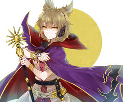  &gt;:) aili_(aliceandoz) belt blonde_hair bracelet cape cape_tug chinese_commentary commentary dress earmuffs female high_collar holding holding_sheath jewelry looking_at_viewer pink_dress purple_cape sheath sheathed sleeveless smile solo sword touhou toyosatomimi_no_miko tsurime v-shaped_eyebrows weapon white_background yellow_background yellow_eyes 