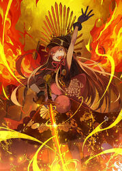  :d arm_up black_capelet black_gloves black_hat black_skirt brown_eyes brown_hair brown_pantyhose capelet chacha_(fate) commentary_request fate/grand_order fate_(series) female fire flag flaming_sword flaming_weapon fur-trimmed_gloves fur-trimmed_skirt fur_trim gloves glowing glowing_sword glowing_weapon hand_on_own_hip hat kikumon kirimon_(paulownia) long_hair looking_at_viewer mitsudomoe_(shape) open_mouth pantyhose peaked_cap sanshouuo skirt smile solo standing tomoe_(symbol) v-shaped_eyebrows very_long_hair weapon 