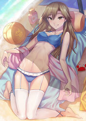  abs arashio_(kancolle) asdj ball barefoot basketball_(object) beach bikini blue_bikini bottle brown_eyes brown_hair commentary female garter_belt highres kantai_collection long_hair looking_at_viewer lotion lying parted_lips photoshop_(medium) pillow solo sunscreen swimsuit thighhighs white_thighhighs 