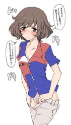  akiyama_yukari blush breasts brown_eyes brown_hair circle_k_sunkus cleavage commentary_request elf_(stroll_in_the_woods) embarrassed employee_uniform female girls_und_panzer heartbeat highres panties small_breasts solo translated underwear undressing uniform white_background 